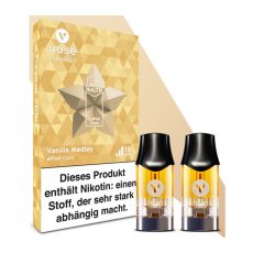 Packung Liquid Caps Vuse ePod Vanilla Medley 18mg/ml. Gemusterte beige Packung mit zwei Liquid Pods im Vordergrund.