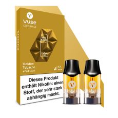 Packung Liquid Caps Vuse ePod Golden Tobacco 12mg/ml. Goldene Packung mit zwei Liquid Pods im Vordergrund.