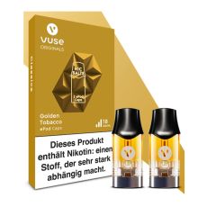 Packung Liquid Caps Vuse ePod Golden Tobacco 18mg/ml. Goldene Packung mit zwei Liquid Pods im Vordergrund.