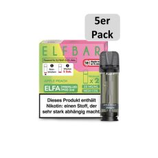 Elfbar Elfa Liquid Pods Apple Peach. Grün-rosa gemusterte Packung mit großer Elfbar Aufschrift und 5er Pack Botton.