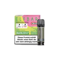 Elfbar Elfa Liquid Pods Apple Peach. Grün-rosa gemusterte Packung mit großer Elfbar Aufschrift und grauen Liquid Pod.
