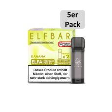 Elfbar Elfa Liquid Pods Banana. Gelb gemusterte Packung mit großer Elfbar und Banana Aufschrift und 5er Pack Botton.