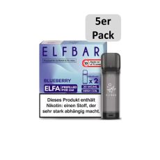Elfbar Elfa Liquid Pods Blueberry. Blaub mamorierte Packung mit großer Elfbar und Blueberry Aufschrift und 5er Pack Bottom.