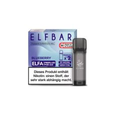 Elfbar Elfa Liquid Pods Blueberry. Blaub mamorierte Packung mit großer Elfbar und Blueberry Aufschrift und grauen Liquid Pod.