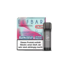 Elfbar Elfa Liquid Pods Blueberry Cotton Candy. Hellblau-rote gemusterte Packung mit großer blauer Elfbar und Aufschrift und grauen Liquid Pod.