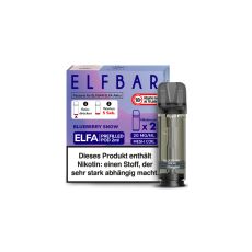 Elfbar Elfa Liquid Pods Blueberry Snoow. Lila-rosa gemusterte Packung mit großer Elfbar Aufschrift und grauen Liquid Pod.