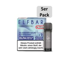 Elfbar Elfa Liquid Pods Blueberry Sour Raspberry. Hellblau-lila gemusterte Packung mit  Elfbar Aufschrift und 5er Pack Bottom.