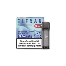 Elfbar Elfa Liquid Pods Blueberry Sour Raspberry. Hellblau-lila gemusterte Packung mit großer Elfbar und grauen Liquid Pod.