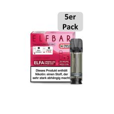 Elfbar Elfa Liquid Pods Cherry Candy. Rot-rosa gemusterte Packung mit großer Elfbar Aufschrift und 5er Pack Botton.