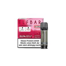 Elfbar Elfa Liquid Pods Cherry Candy. Rot-rosa gemusterte Packung mit großer Elfbar Aufschrift und grauen Liquid Pod.