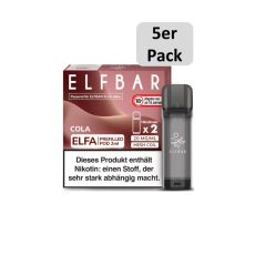 Elfbar Elfa Liquid Pods Cola. Braun gemusterte Packung mit großer weißer Elfbar und Cola Aufschrift und 5er Pack Bottom.