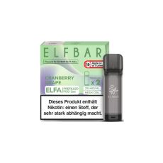 Elfbar Elfa Liquid Pods Cranberry Grape. Grün-lila gemusterte Packung mit großer grüner Elfbar und Aufschrift und grauen Liquid Pod.