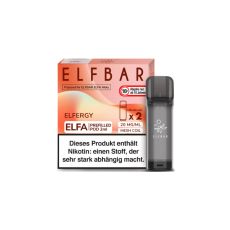 Elfbar Elfa Liquid Pods Elfergy. Orange-gelb gemusterte Packung mit großer Elfbar und Elfergy Aufschrift und grauen Liquid Pod.