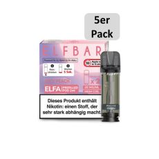 Elfbar Elfa Liquid Pods Juicy Peach. Blasslila-rosa gemusterte Packung mit großer Elfbar Aufschrift und 5er Pack Botton.