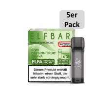 Elfbar Elfa Liquid Pods Kiwi Passion Fruit Guava. Grün gemusterte Packung mit großer Elfbar Aufschrift und 5er Pack Botton.