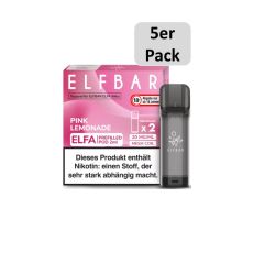 Elfbar Elfa Liquid Pods Pink Lemonade. Rosa gemusterte Packung mit großer weißer Elfbar Aufschrift und 5er Pack Bottom.