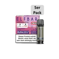 Elfbar Elfa Liquid Pods Strawberry Grape. Lila-rosa gemusterte Packung mit großer Elfbar Aufschrift und 5er Pack Botton.