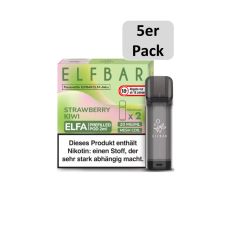 Elfbar Elfa Liquid Pods Strawberry Kiwi. Grün-rosa gemusterte Packung mit grüner Elfbar Aufschrift und 5er Pack Bottom.