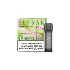Elfbar Elfa Liquid Pods Strawberry Kiwi. Grün-rosa gemusterte Packung mit großer grüner Elfbar Aufschrift und grauen Liquid Pod.