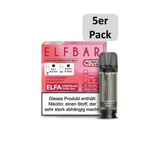 Elfbar Elfa Liquid Pods Strawberry Raspberry. Hellrote gemusterte Packung mit großer Elfbar Aufschrift und 5er Pack Botton.