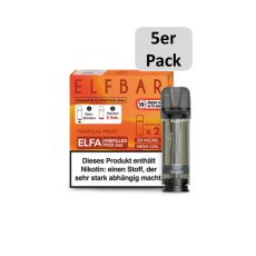 Elfbar Elfa Liquid Pods Tropical Fruit. Orange gemusterte Packung mit großer Elfbar Aufschrift und 5er Pack Botton.