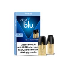 Packung myblu Pods Blue Ice Liquid 9mg/ml. Myblu Liquid Pods Blue Ice mit einem Inhalt von 2 Stück pro Packung mit je 1,5 ml Tabak-Liquid.