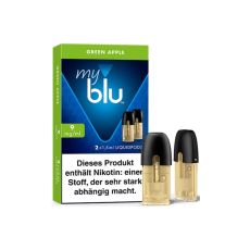 Packung Liquid myblu Pods Green Apple 9mg/ml. Grün-blaue Packung mit zwei Pods im Vordergrund.