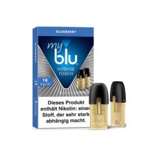 Packung myblu Pods Intense Touch Blueberry Liquid 18mg/ml. Myblu Liquid Pods Intense Touch Tobacco Blueberry/Blaubeere einem Inhalt von 2 Stück pro Packung mit je 1,5 ml Tabak-Liquid.