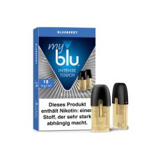 Packung Liquid myblu Pods Intense Touch Blueberry 18mg/ml. Lila-blau-graue Packung mit zwei Pods im Vordergrund.