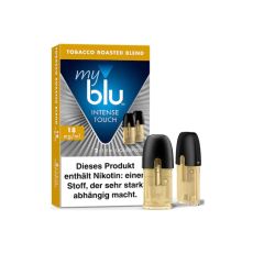 Packung Liquid myblu Pods Intense Touch Tobacco Roasted Blend 18mg/ml. Ocker-blau-graue Packung mit zwei Pods im Vordergrund.