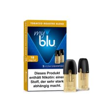 Packung Liquid myblu Pods Tobacco Roasted Blend 18mg/ml. Ocker-blaue Packung mit zwei Pods im Vordergrund.