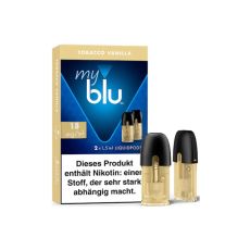 Packung Liquid myblu Pods Tobacco Vanilla 18mg/ml. Beige-blaue Schachtel mit zwei Pods im Vordergrund.
