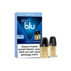 Packung myblu Liquid Pods Blue Ice 18mg/ml. Blaue Packung mit 2 Liquid Pods im Vordergrund.