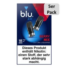 5er Pack blu 2.0 Liquid Pods Berry Mix 18mg/ml. Blau-rote Packung mit zwei Liquid Pods in schwarz und 5er Pack Buttom.