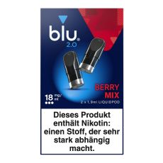 Packung blu 2.0 Liquid Pods Berry Mix 18mg/ml. Blau-rote Packung mit zwei Liquid Pods in schwarz und weißer blu Aufschrift.