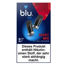 Packung blu 2.0 Liquid Pods Berry Mix 9mg/ml. Blau-rote Packung mit zwei Liquid Pods in schwarz und weißer blu Aufschrift.
