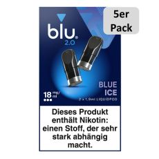 5er Pack blu 2.0 Liquid Pods Blue Ice 18mg/ml. Blaue Packung mit zwei Liquid Pods in schwarz und 5er Pack Buttom.