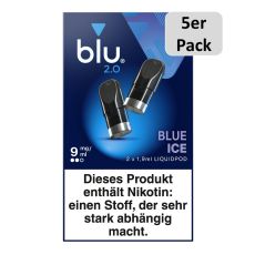 5er Pack blu 2.0 Liquid Pods Blue Ice 9mg/ml. Blaue Packung mit zwei Liquid Pods in schwarz und 5er Pack Buttom.