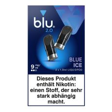 Packung blu 2.0 Liquid Pods Blue Ice 9mg/ml. Blaue Packung mit zwei Liquid Pods in schwarz und weißer blu Aufschrift.