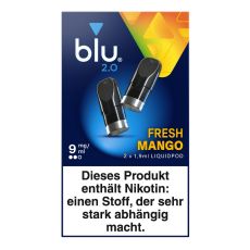 Packung blu 2.0 Liquid Pods Fresh Mango 9mg/ml. Blau-gelbe Packung mit zwei Liquid Pods in schwarz und weißer blu Aufschrift.