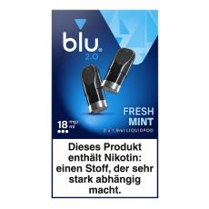 Packung blu 2.0 Liquid Pods Fresh Mint 18mg/ml. Hellblaue-blaue Packung mit zwei Liquid Pods in schwarz und weißer blu Aufschrift.