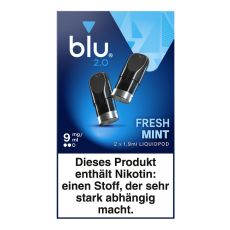 Packung blu 2.0 Liquid Pods Fresh Mint 9mg/ml. Hellblaue-blaue Packung mit zwei Liquid Pods in schwarz und weißer blu Aufschrift.