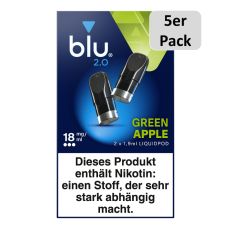 5er Pack blu 2.0 Liquid Pods Green Apple 18mg/ml. Blau-grüne Packung mit zwei schwarzen Liquid Pods und 5er Pack Buttom.