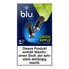 Packung blu 2.0 Liquid Pods Green Apple 9 mg/ml. Blau-grüne Packung mit zwei Liquid Pods in schwarz und weißer blu Aufschrift.