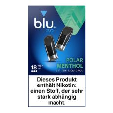 Packung blu 2.0 Liquid Pods Polar Menthol 18mg/ml. Blau-türkise Packung mit zwei Liquid Pods in schwarz und weißer blu Aufschrift.