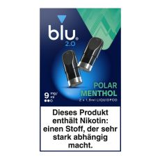 Packung blu 2.0 Liquid Pods Polar Menthol 9mg/ml. Blau-türkise Packung mit zwei Liquid Pods in schwarz und weißer blu Aufschrift.