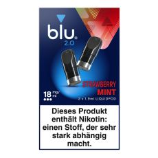 Packung blu 2.0 Liquid Pods Strawberry Mint 18mg/ml. Blau-rote Packung mit zwei Liquid Pods in schwarz und weißer blu Aufschrift.