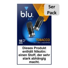 5er Pack blu 2.0 Liquid Pods Tobacco 18mg/ml. Oker-blaue Packung mit zwei Liquid Pods in schwarz und 5er Pack Buttom.