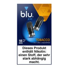 Packung blu 2.0 Liquid Pods Tobacco 18mg/ml. Oker-blaue Packung mit zwei Liquid Pods in schwarz und weißer blu Aufschrift.