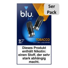 5er Pack blu 2.0 Liquid Pods Tobacco 9mg/ml. Oker-blaue Packung mit zwei Liquid Pods in schwarz und 5er Pack Buttom.